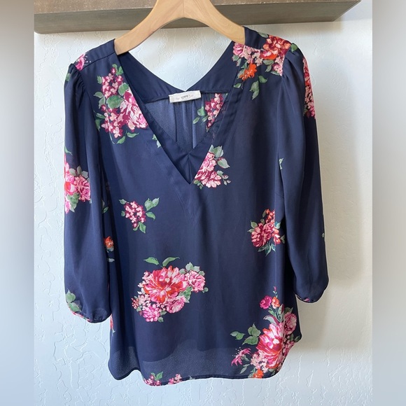Skies Are Blue Tops - Skies are Blue|Anthro Navy Floral Long Sleeve Blouse, V-Neck•••Feminine Style